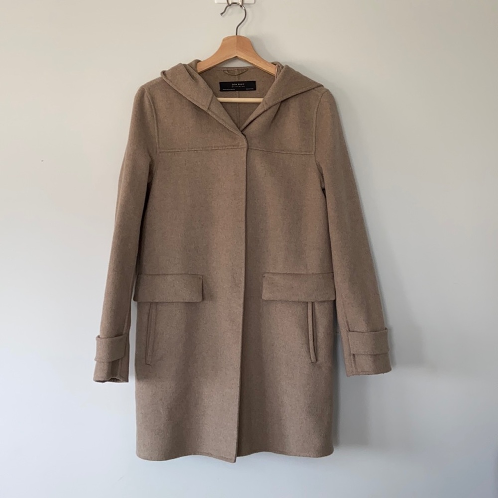 Zara Taupe Hooded Wool Coat